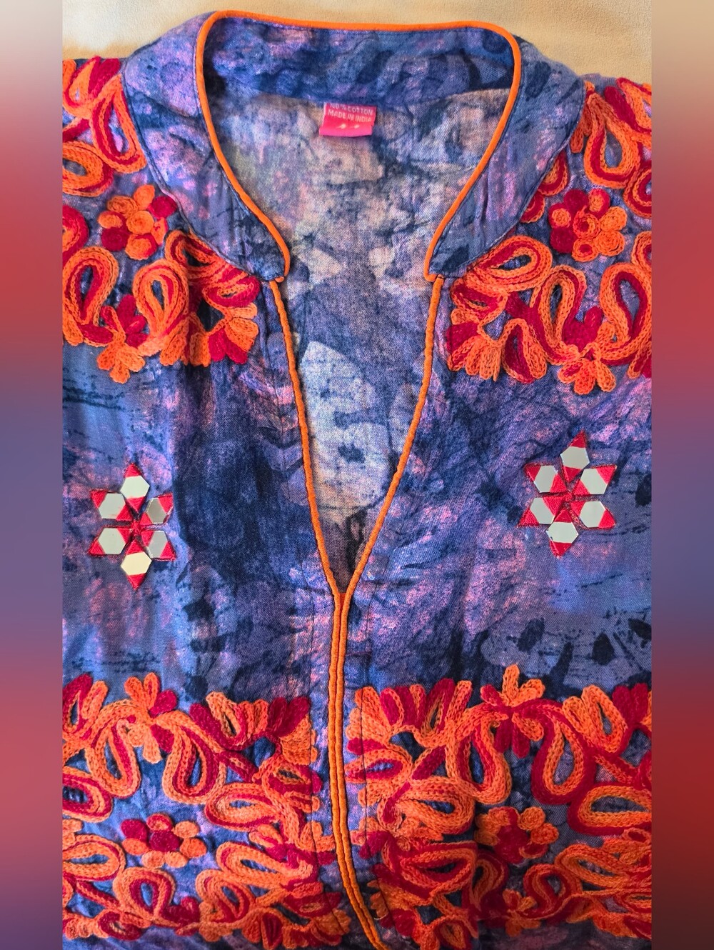 Embroidered Long Tunic in Purple and Orange Made In India 100% Cotton Size 44 - Picture 10 of 16